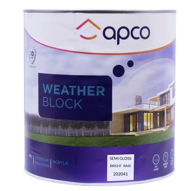 Apco Weatherblock Semi-Gloss Acrylic Paint – Bright Base, 4 Litre 1