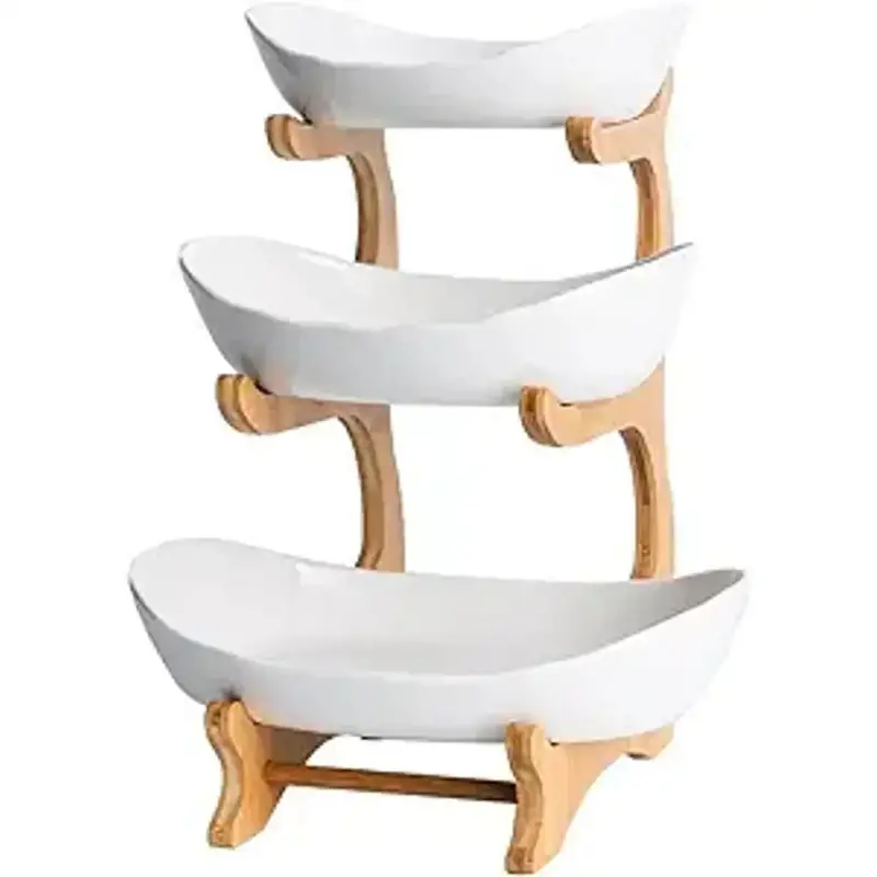 Ceramic Three-Layer Serving Bowl With Natural Wood Base 1
