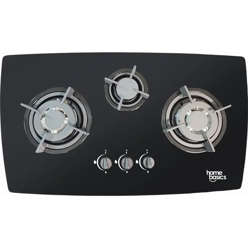 Home Basics 3-Burner Gas Cooktop – 70 Cm, Tempered Black Glass 1