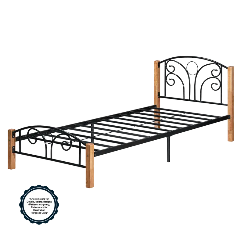 Ivan Metal Single Bed Frame With Wooden Legs – 1880X920X810Mm, Black/Cappuccino Finish (Kd2550) 1