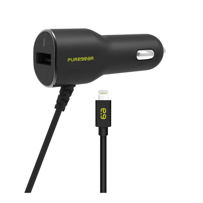 Puregear 17W Usb Car Charger – Integrated Lightning Cable, Sleek Black Housing 1