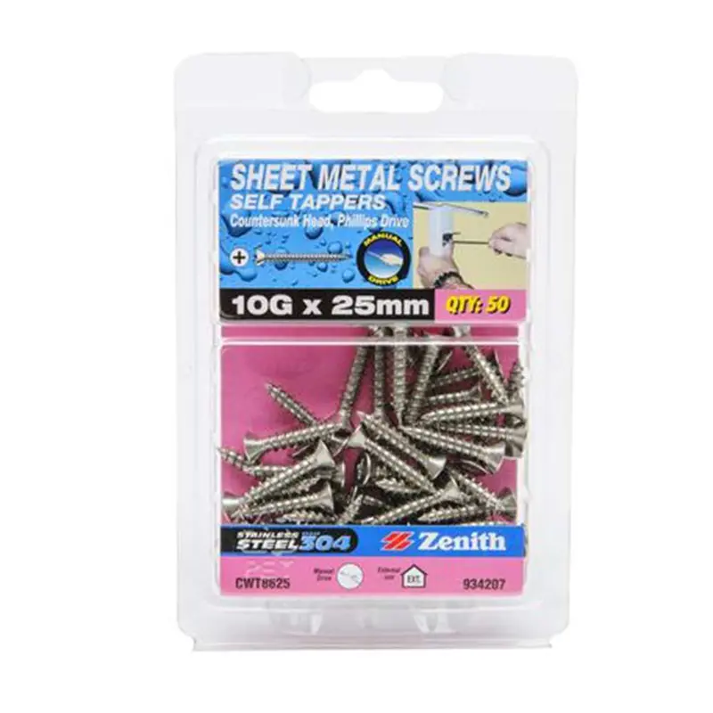 Zenith Self-Tapping Stainless Steel Screw – 10G X 25Mm, Phillips Head (50-Pack) 1