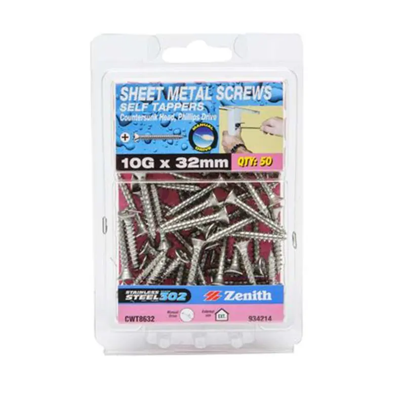 Zenith Self-Tapping Stainless Steel Screw – 10G X 32Mm, Phillips Head (50-Pack) 1