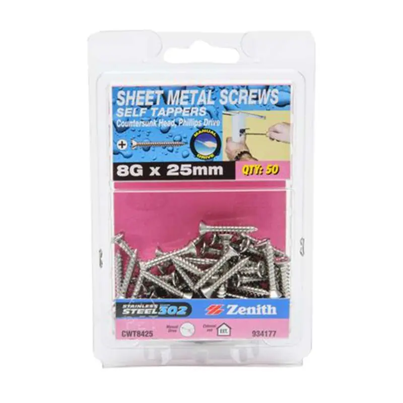 Zenith Self-Tapping Stainless Steel Screw – 8G X 25Mm, Phillips Head (50-Pack) 1
