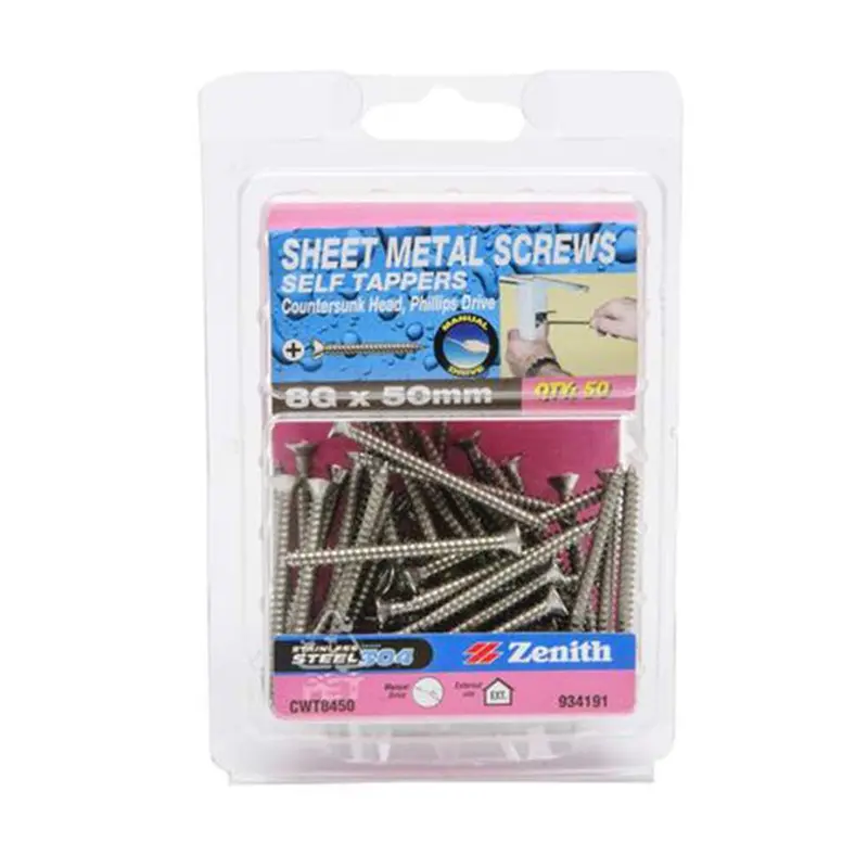 Zenith Self-Tapping Stainless Steel Screw – 8G X 50Mm, Phillips Head (50-Pack) 1